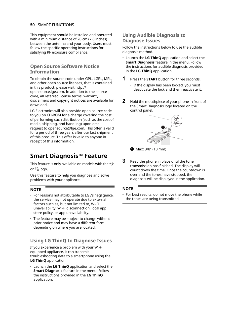 Smart diagnosis™ feature, Open source software notice information, Using lg thinq to diagnose issues | Using audible diagnosis to diagnose issues | LG Studio 30 Inch Slide-In Gas Smart Range Owners Manual User Manual | Page 50 / 172