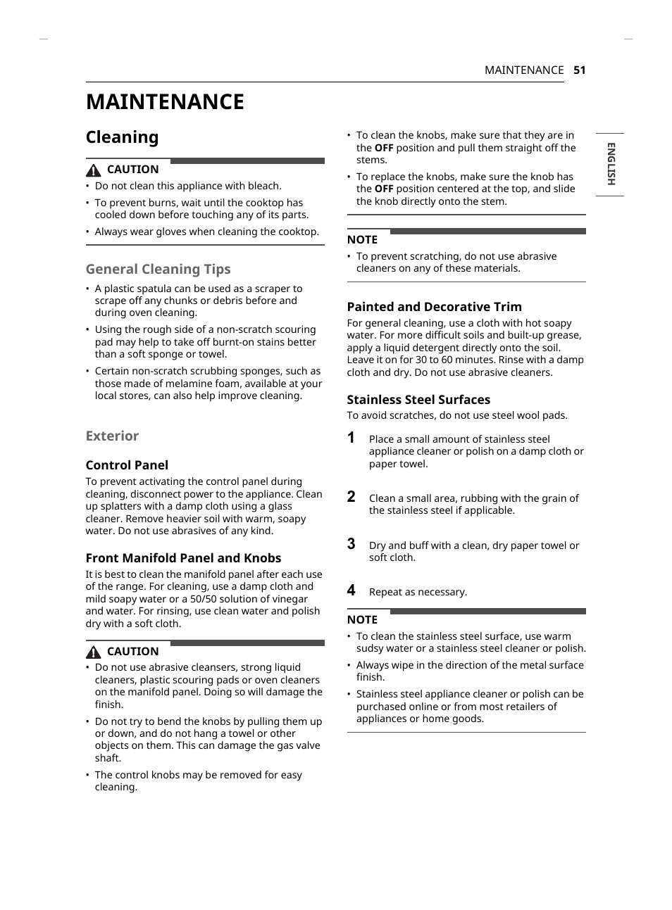 Maintenance, Cleaning, General cleaning tips | Exterior | LG Studio 30 Inch Slide-In Gas Smart Range Owners Manual User Manual | Page 51 / 172