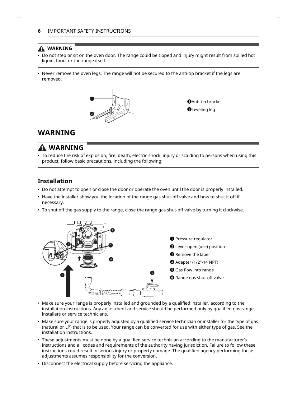 Warning, Installation | LG Studio 30 Inch Slide-In Gas Smart Range Owners Manual User Manual | Page 6 / 172