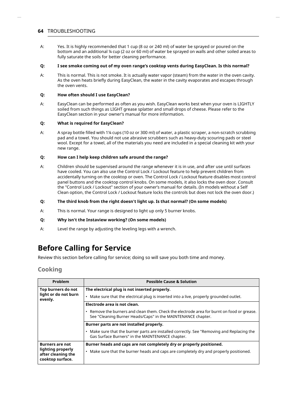Before calling for service, Cooking | LG Studio 30 Inch Slide-In Gas Smart Range Owners Manual User Manual | Page 64 / 172