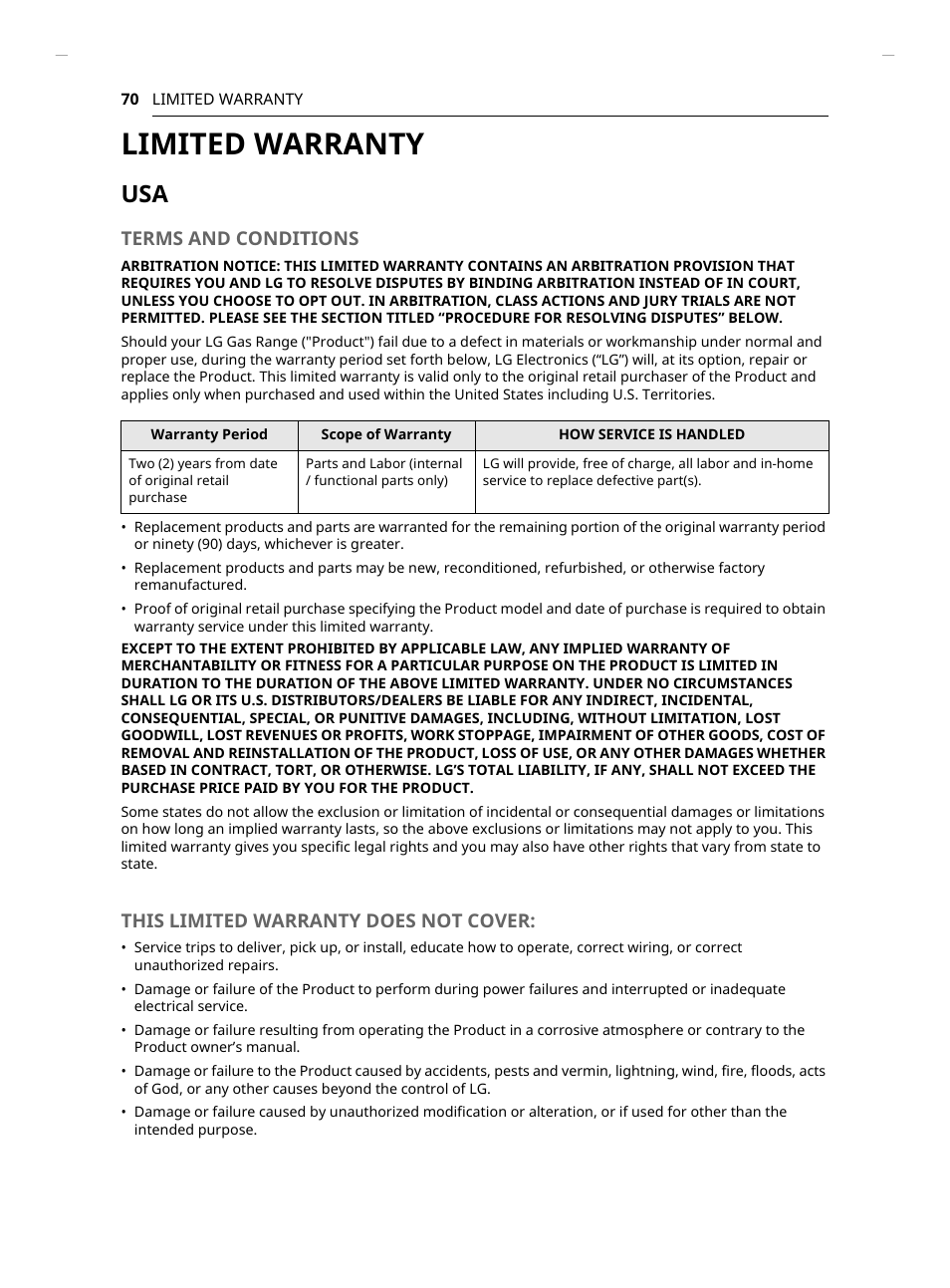 Limited warranty, Terms and conditions, This limited warranty does not cover | LG Studio 30 Inch Slide-In Gas Smart Range Owners Manual User Manual | Page 70 / 172