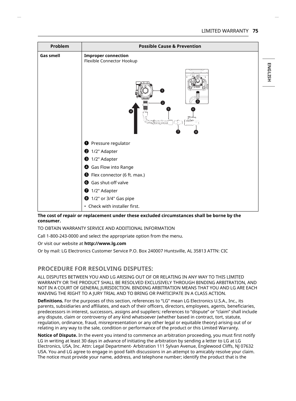 Procedure for resolving disputes | LG Studio 30 Inch Slide-In Gas Smart Range Owners Manual User Manual | Page 75 / 172