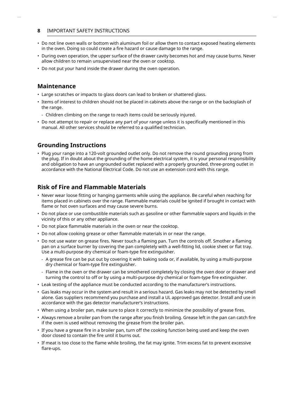 Maintenance, Grounding instructions, Risk of fire and flammable materials | LG Studio 30 Inch Slide-In Gas Smart Range Owners Manual User Manual | Page 8 / 172