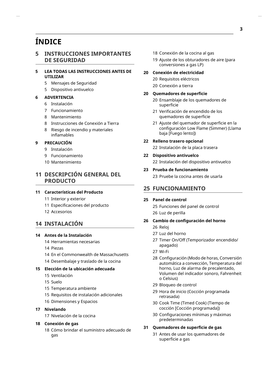 Índice, 5 instrucciones importantes de seguridad, 11 descripción general del producto | 14 instalación, 25 funcionamiento | LG Studio 30 Inch Slide-In Gas Smart Range Owners Manual User Manual | Page 83 / 172