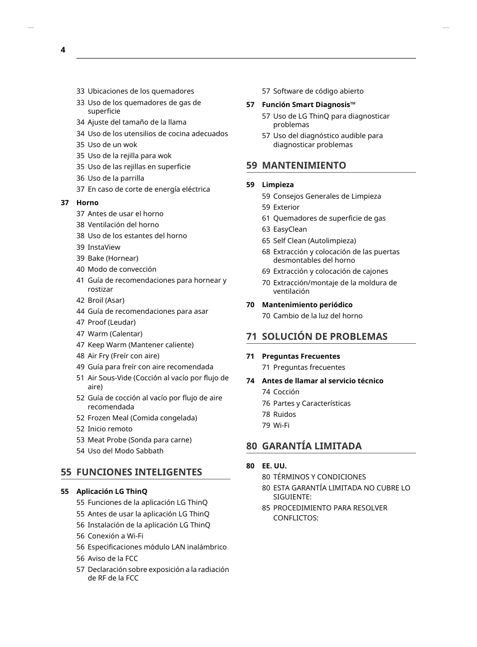 55 funciones inteligentes, 59 mantenimiento, 71 solución de problemas | 80 garantía limitada | LG Studio 30 Inch Slide-In Gas Smart Range Owners Manual User Manual | Page 84 / 172