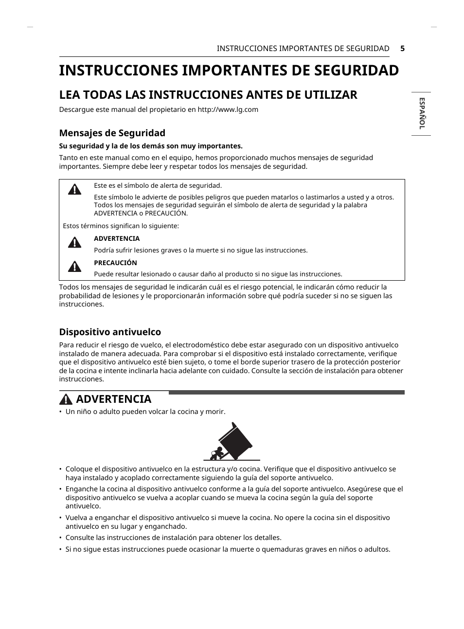 Instrucciones importantes de seguridad, Lea todas las instrucciones antes de utilizar, Advertencia | Mensajes de seguridad, Dispositivo antivuelco | LG Studio 30 Inch Slide-In Gas Smart Range Owners Manual User Manual | Page 85 / 172