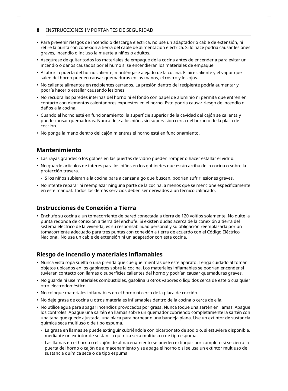 Mantenimiento, Instrucciones de conexión a tierra, Riesgo de incendio y materiales inflamables | LG Studio 30 Inch Slide-In Gas Smart Range Owners Manual User Manual | Page 88 / 172