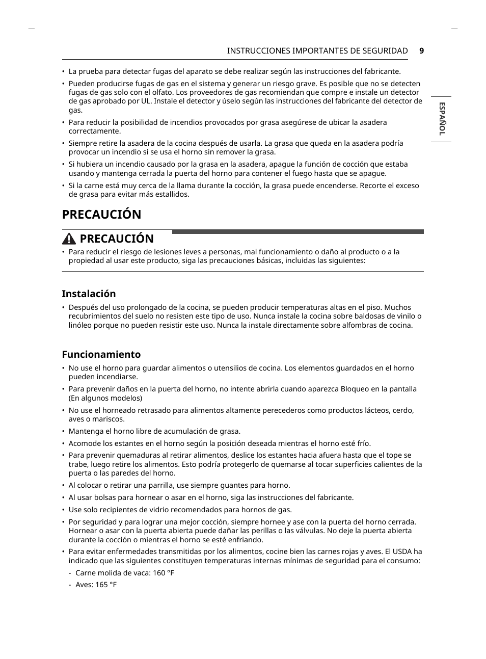 Precaución, Instalación, Funcionamiento | LG Studio 30 Inch Slide-In Gas Smart Range Owners Manual User Manual | Page 89 / 172