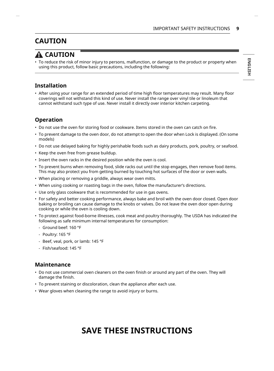 Save these instructions, Caution, Installation | Operation, Maintenance | LG Studio 30 Inch Slide-In Gas Smart Range Owners Manual User Manual | Page 9 / 172