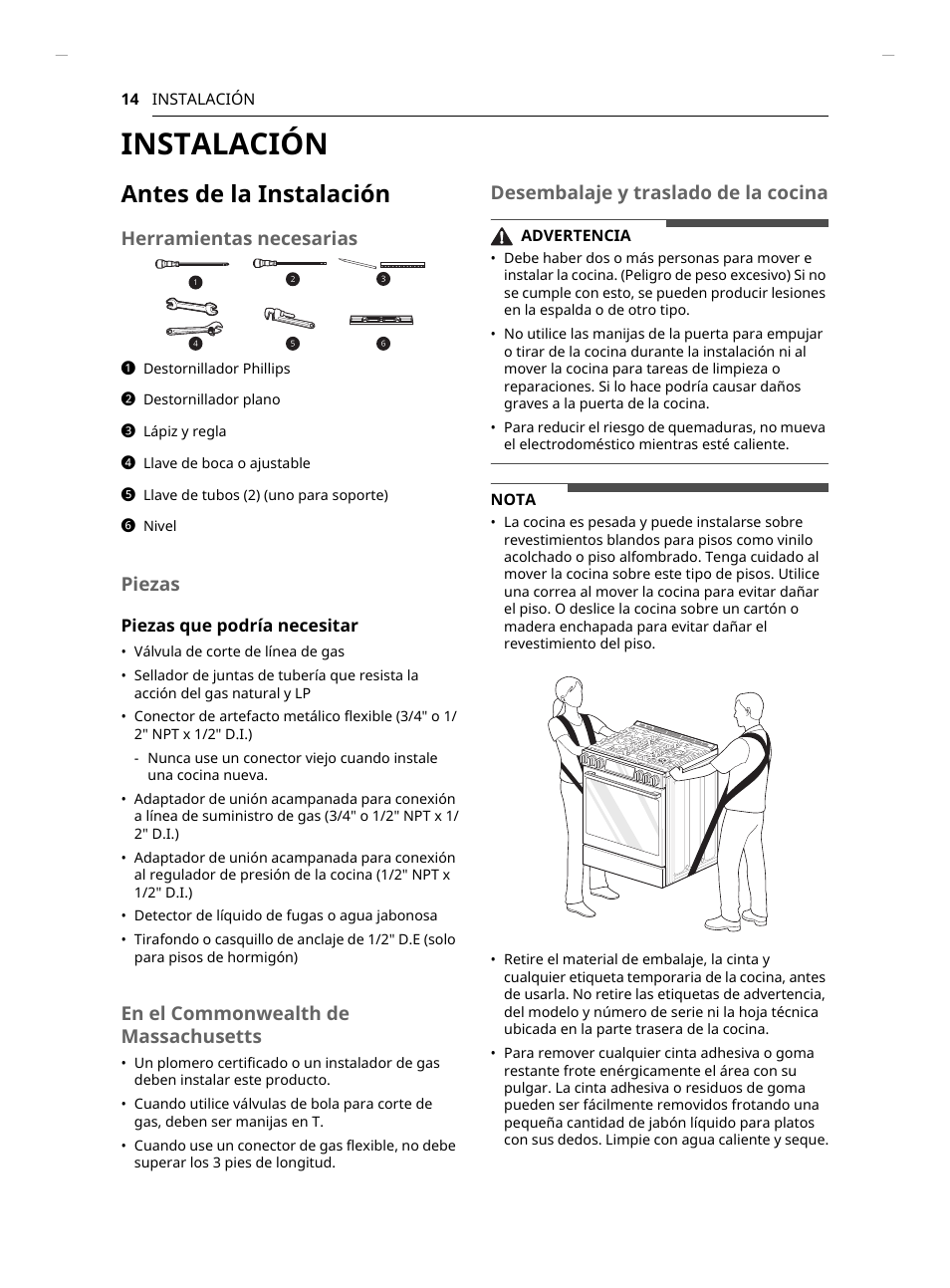 Instalación, Antes de la instalación, Herramientas necesarias | Piezas, En el commonwealth de massachusetts, Desembalaje y traslado de la cocina | LG Studio 30 Inch Slide-In Gas Smart Range Owners Manual User Manual | Page 94 / 172
