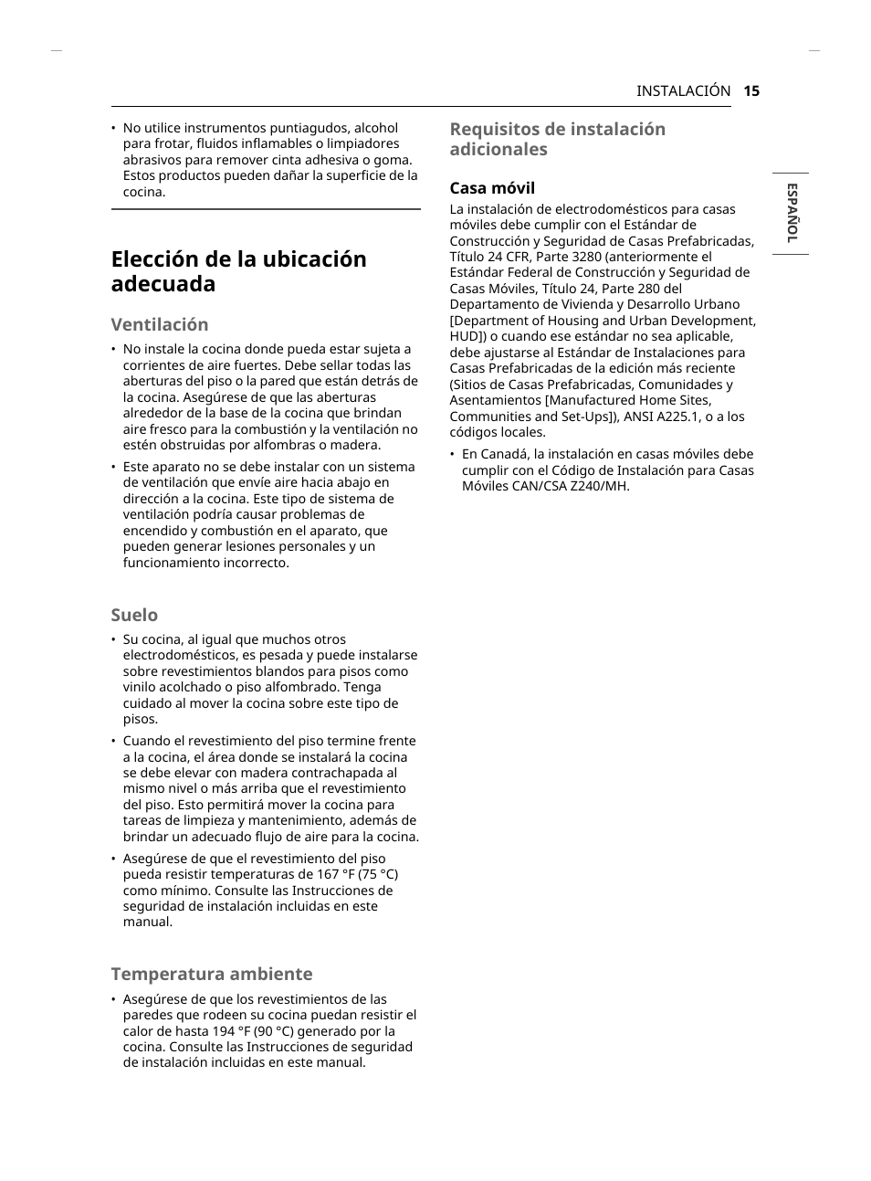 Elección de la ubicación adecuada, Ventilación, Suelo | Temperatura ambiente, Requisitos de instalación adicionales | LG Studio 30 Inch Slide-In Gas Smart Range Owners Manual User Manual | Page 95 / 172