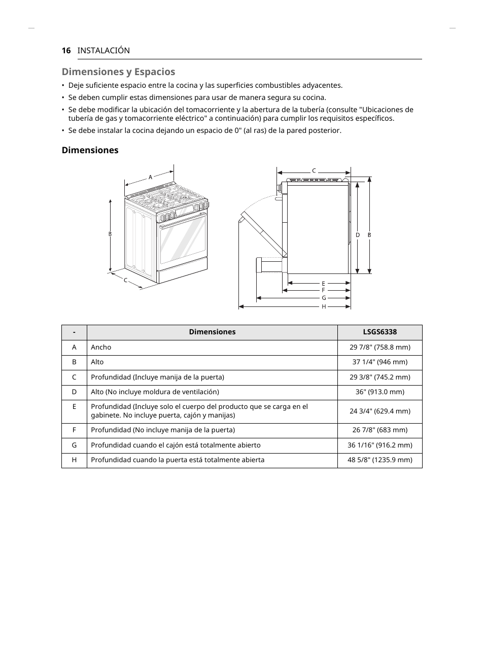 Dimensiones y espacios, Dimensiones | LG Studio 30 Inch Slide-In Gas Smart Range Owners Manual User Manual | Page 96 / 172