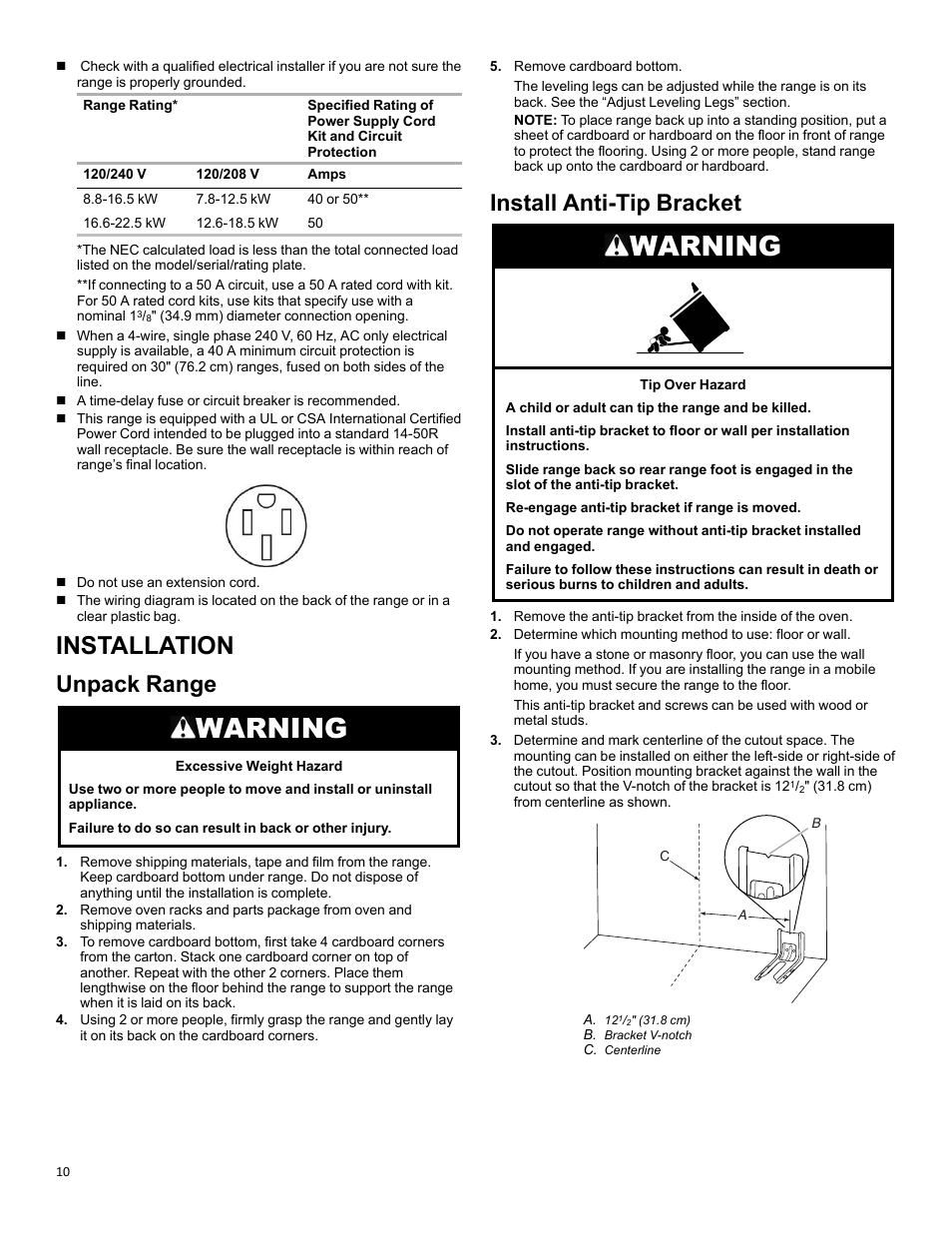 Installation, Unpack range, Install anti-tip bracket | Warning | KITCHENAID 30 Inch Slide-In Induction Range Owners Guide User Manual | Page 10 / 89