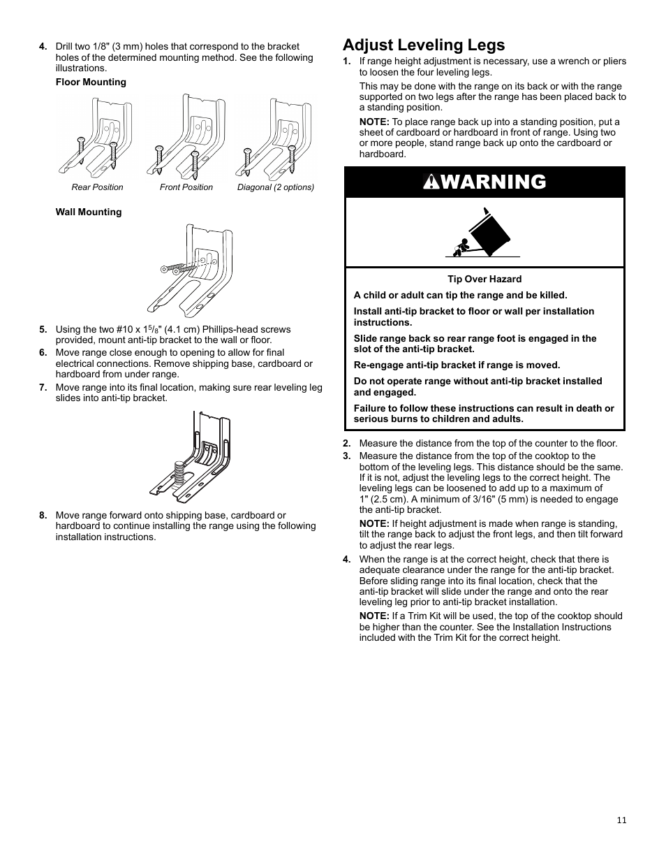 Adjust leveling legs, Warning | KITCHENAID 30 Inch Slide-In Induction Range Owners Guide User Manual | Page 11 / 89