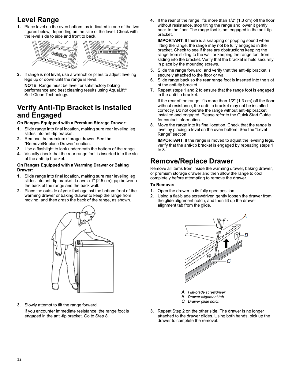 Level range, Verify anti-tip_om_w11637353a, Remove/replace drawer_om_53a | Verify anti-tip bracket is installed and engaged, Remove/replace drawer | KITCHENAID 30 Inch Slide-In Induction Range Owners Guide User Manual | Page 12 / 89