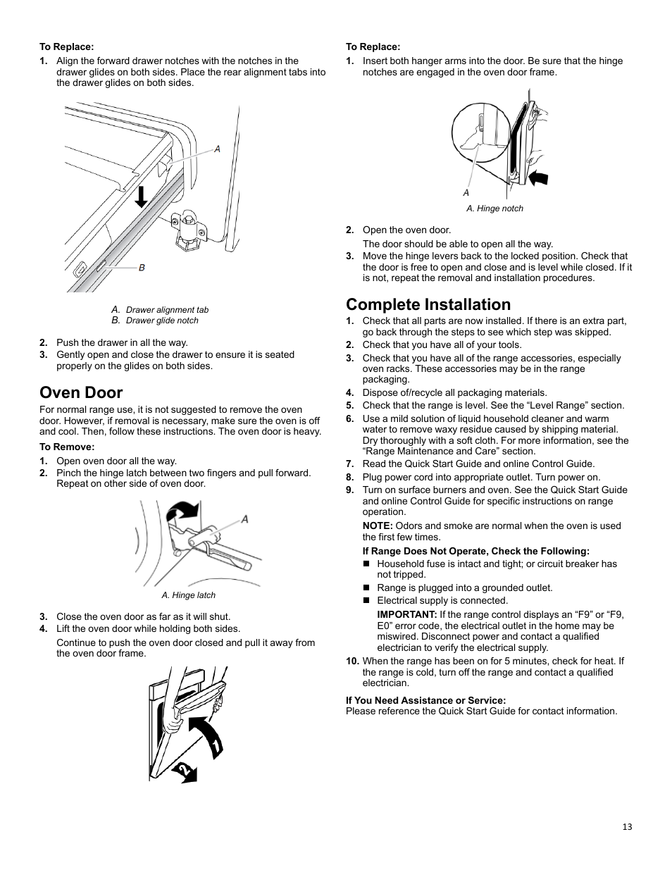 Oven door, Complete installation | KITCHENAID 30 Inch Slide-In Induction Range Owners Guide User Manual | Page 13 / 89