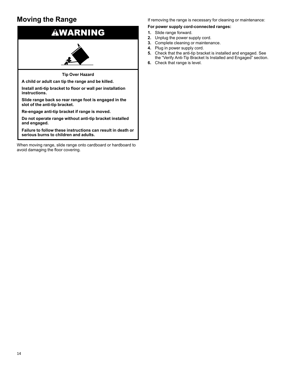 Moving the range, Warning | KITCHENAID 30 Inch Slide-In Induction Range Owners Guide User Manual | Page 14 / 89
