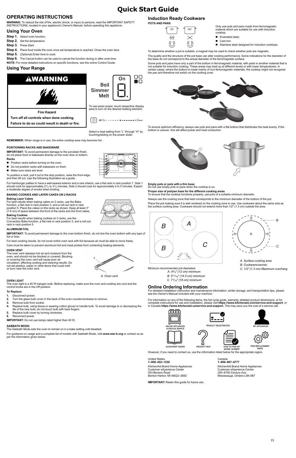 Warning, Quick start guide, Cb b a | Operating instructions, Using your oven, Using your range, Induction ready cookware, Online ordering information | KITCHENAID 30 Inch Slide-In Induction Range Owners Guide User Manual | Page 15 / 89