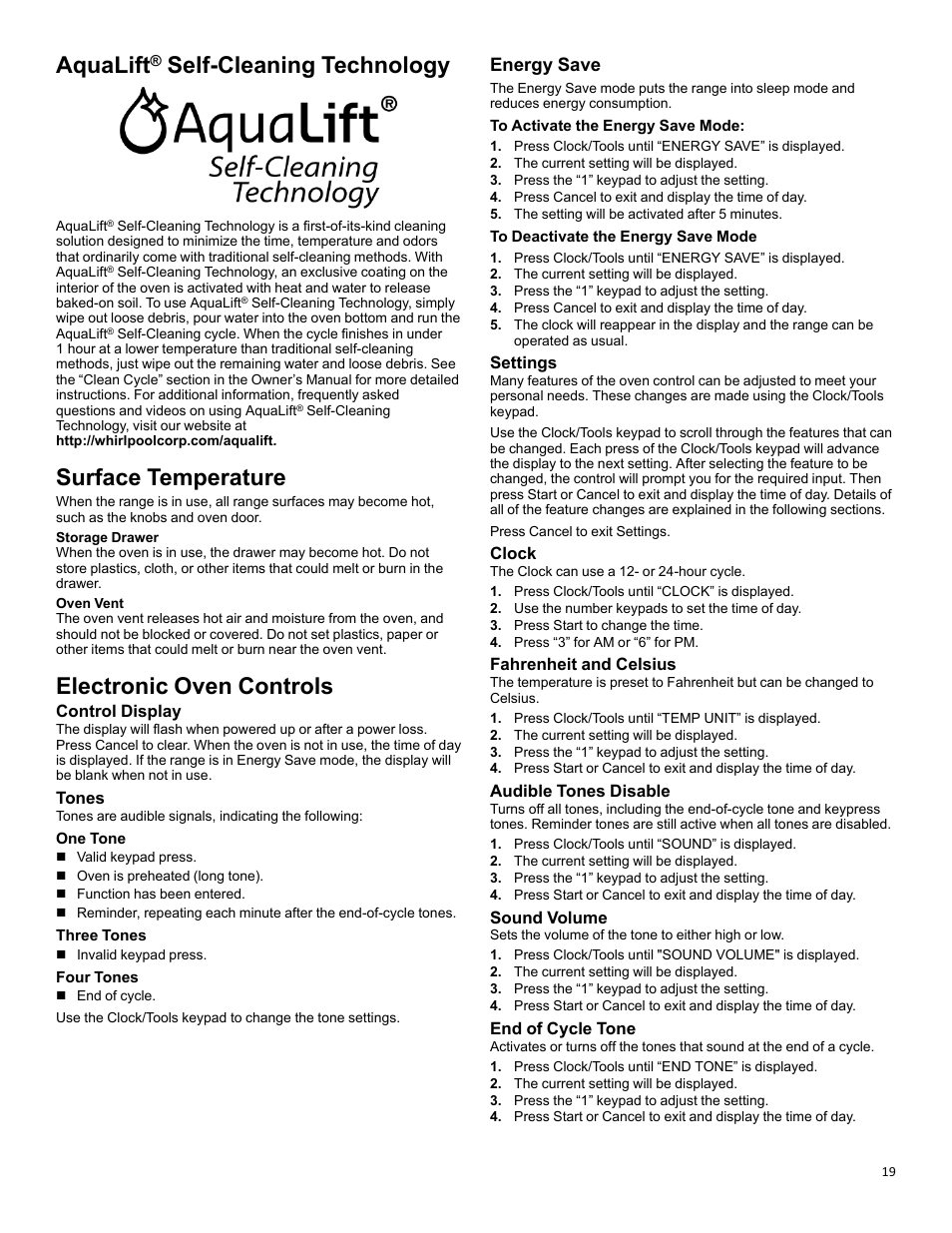 Aqualift self-cleaning technology_efsr_cg, Surface temperature_efsr_cg_w11637359a, Electronic oven controls_w11637359a | Aqualift, Self-cleaning technology, Surface temperature, Electronic oven controls, Energy save, Control display, Tones | KITCHENAID 30 Inch Slide-In Induction Range Owners Guide User Manual | Page 19 / 89