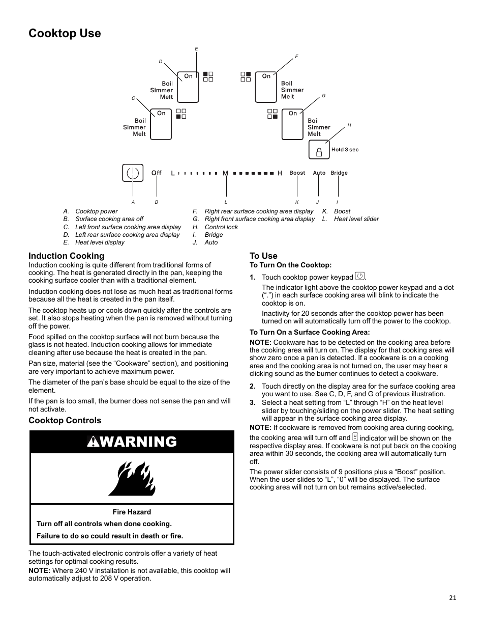 Cooktop use_w11637359a, Warning, Cooktop use | Induction cooking, Cooktop controls | KITCHENAID 30 Inch Slide-In Induction Range Owners Guide User Manual | Page 21 / 89