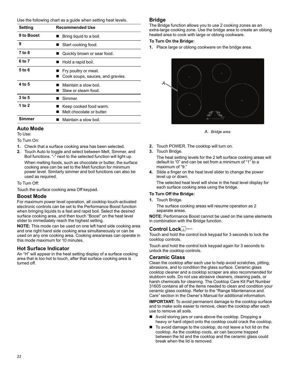Auto mode, Boost mode, Hot surface indicator | Bridge, Control lock, Ceramic glass | KITCHENAID 30 Inch Slide-In Induction Range Owners Guide User Manual | Page 22 / 89