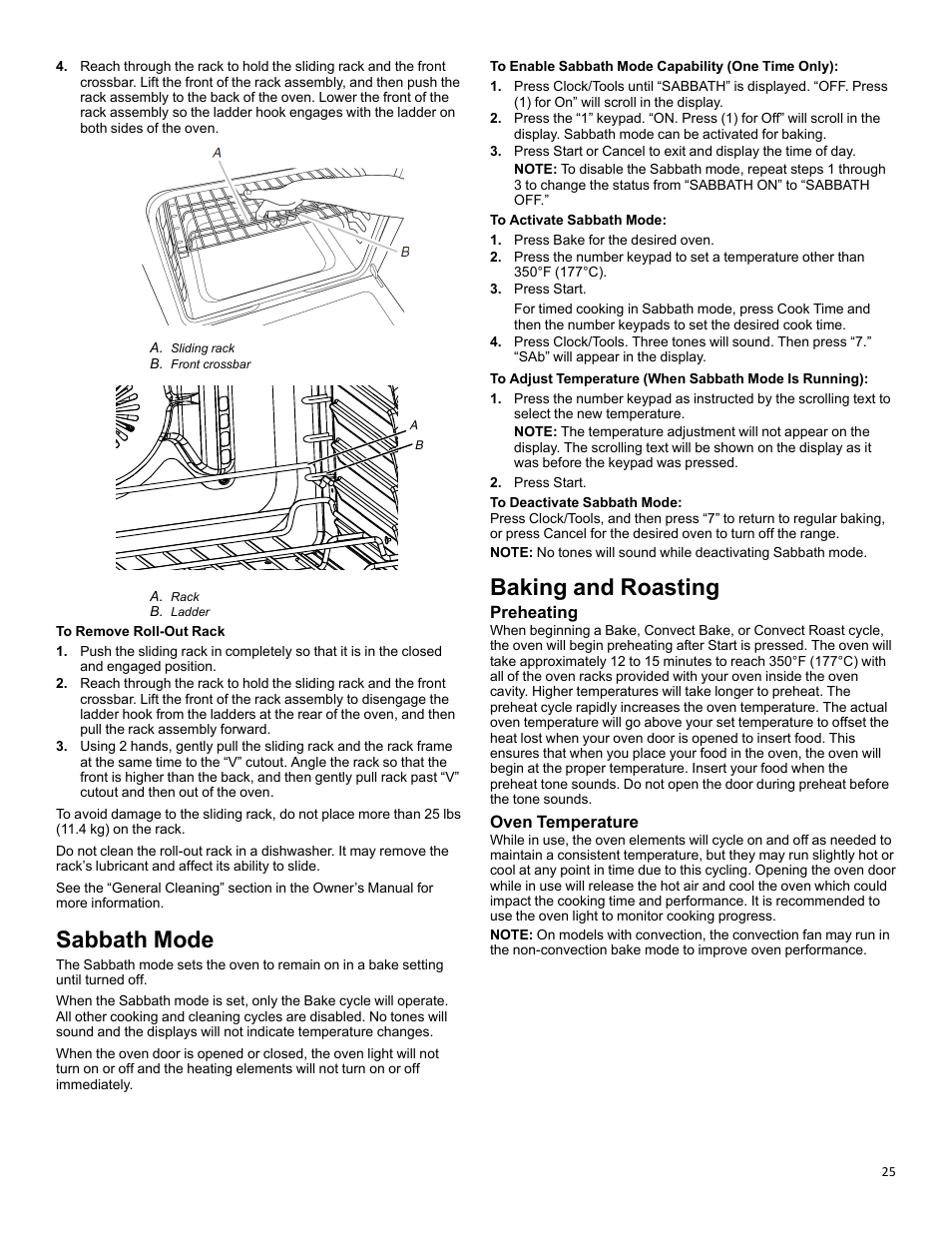 Sabbath mode_w11281994, Baking and roasting_w11281994b, Sabbath mode | Baking and roasting, Preheating, Oven temperature | KITCHENAID 30 Inch Slide-In Induction Range Owners Guide User Manual | Page 25 / 89