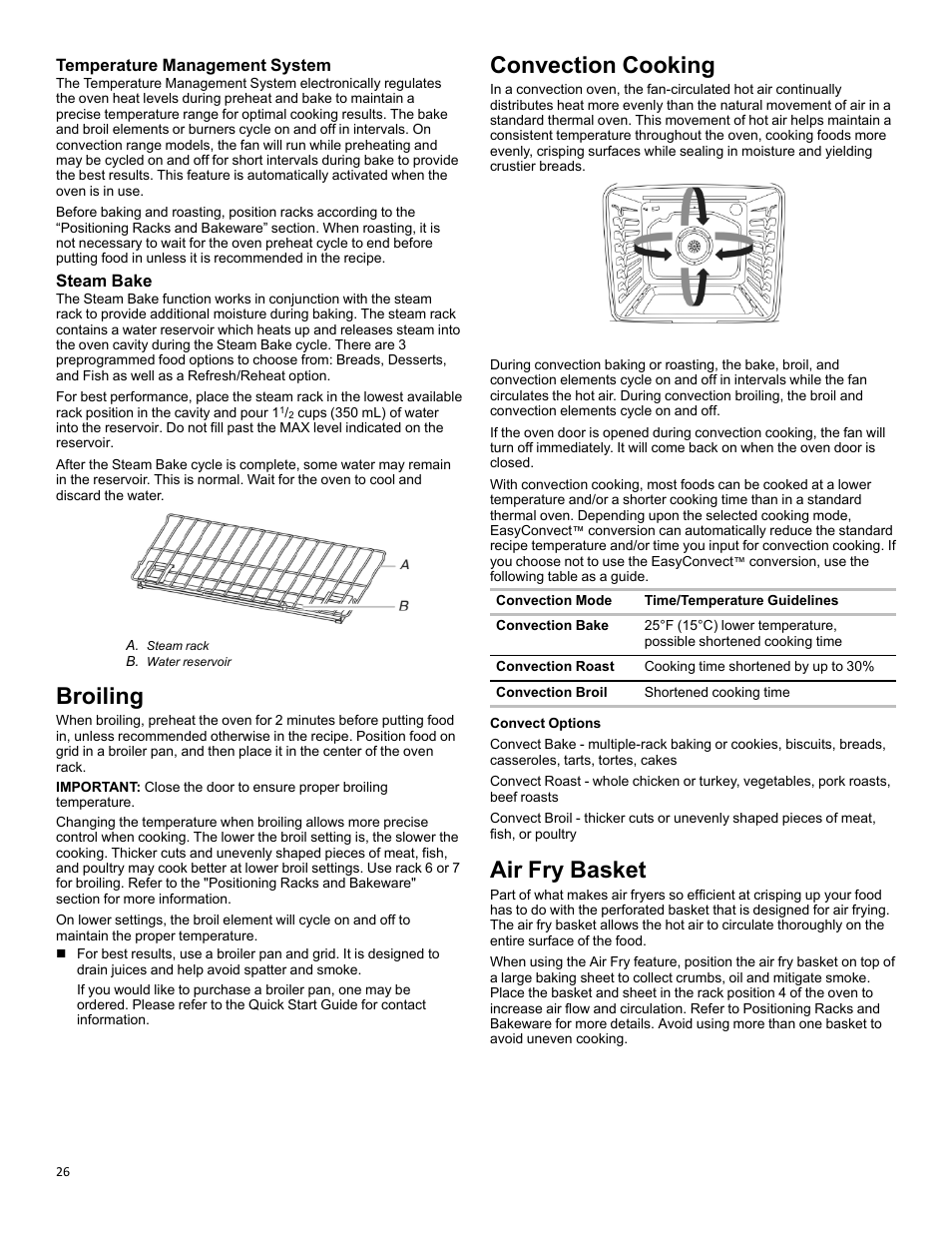 Broiling_w11281994, Convention cooking_w11281994, Air fry basket_w11637359a | Broiling, Convection cooking, Air fry basket, Temperature management system, Steam bake | KITCHENAID 30 Inch Slide-In Induction Range Owners Guide User Manual | Page 26 / 89