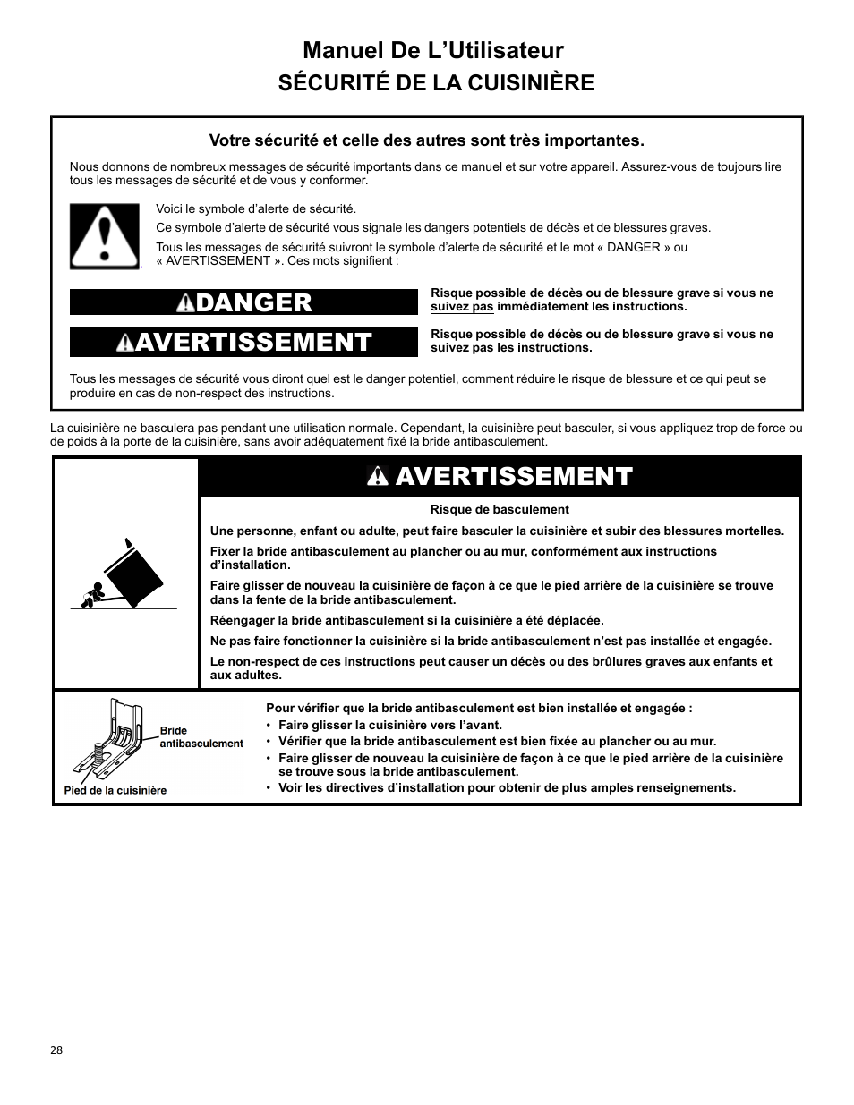 Manuel de l’utilisateur, Sécurité de la cuisinière, Danger avertissement | Avertissement | KITCHENAID 30 Inch Slide-In Induction Range Owners Guide User Manual | Page 28 / 89