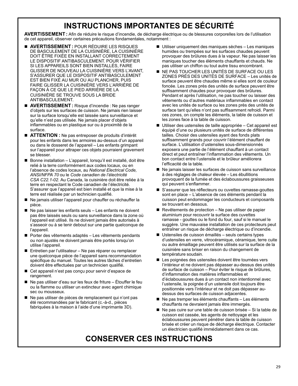 Instructions importantes de sécurité, Conserver ces instructions | KITCHENAID 30 Inch Slide-In Induction Range Owners Guide User Manual | Page 29 / 89