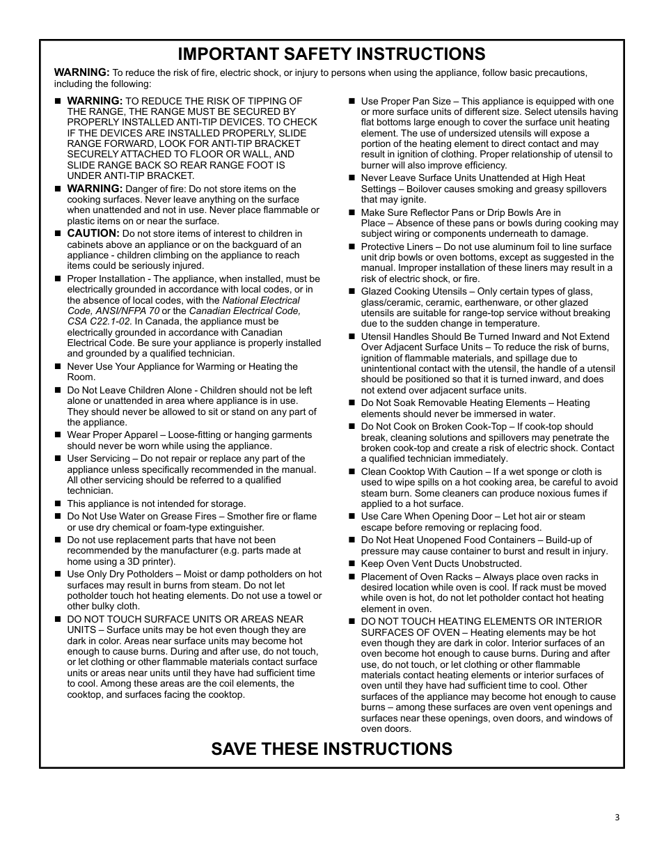 Important safety instructions, Save these instructions | KITCHENAID 30 Inch Slide-In Induction Range Owners Guide User Manual | Page 3 / 89