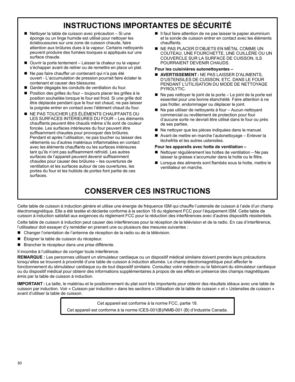 Instructions importantes de sécurité, Conserver ces instructions | KITCHENAID 30 Inch Slide-In Induction Range Owners Guide User Manual | Page 30 / 89