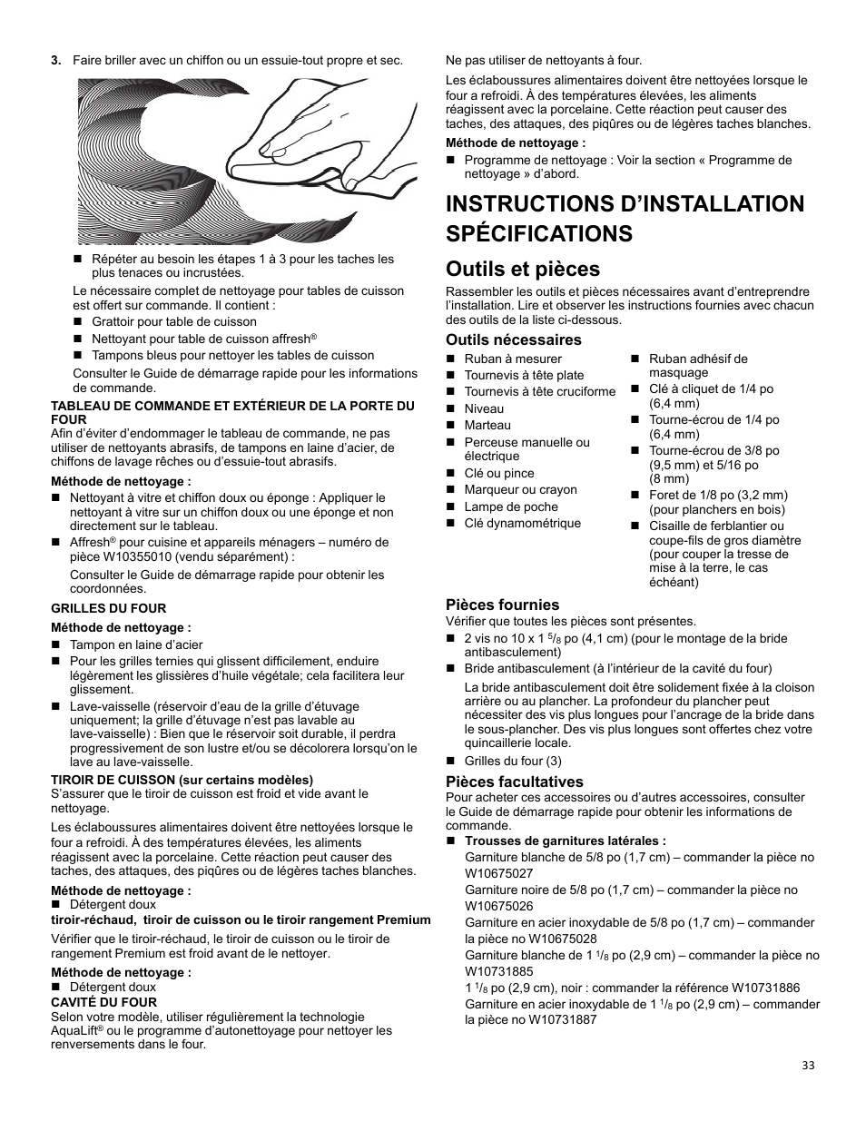 Instructions d’installation, Spécifications, Outils et pièces | Instructions d’installation spécifications, Outils nécessaires, Pièces fournies, Pièces facultatives | KITCHENAID 30 Inch Slide-In Induction Range Owners Guide User Manual | Page 33 / 89