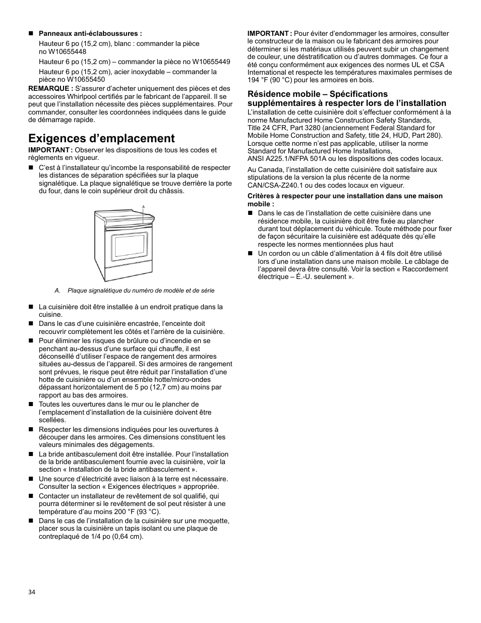 Exigences d’emplacement | KITCHENAID 30 Inch Slide-In Induction Range Owners Guide User Manual | Page 34 / 89