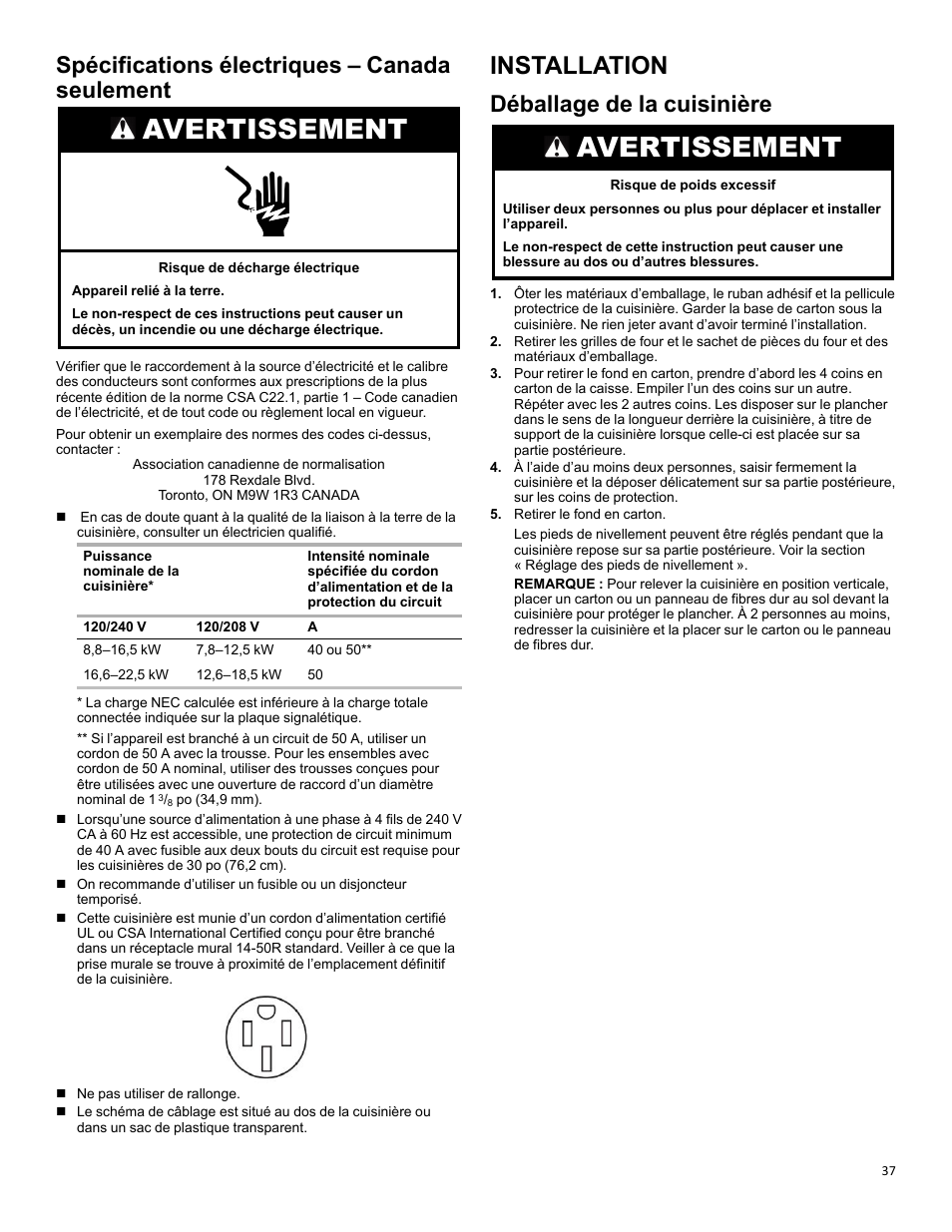 Spécifications électriques – canada seulement, Installation, Déballage de la cuisinière | Avertissement | KITCHENAID 30 Inch Slide-In Induction Range Owners Guide User Manual | Page 37 / 89