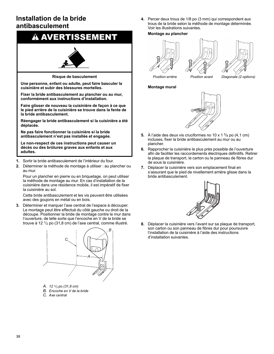 Installation de la bride antibasculement, Avertissement | KITCHENAID 30 Inch Slide-In Induction Range Owners Guide User Manual | Page 38 / 89