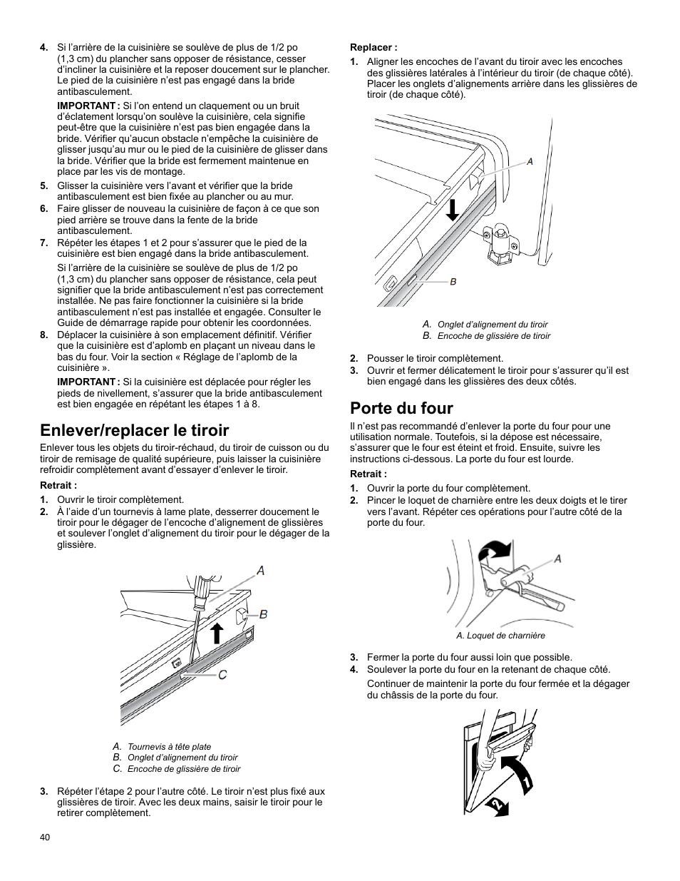 Remove/replace drawer_om_53a, Porte du four, Enlever/replacer le tiroir | KITCHENAID 30 Inch Slide-In Induction Range Owners Guide User Manual | Page 40 / 89