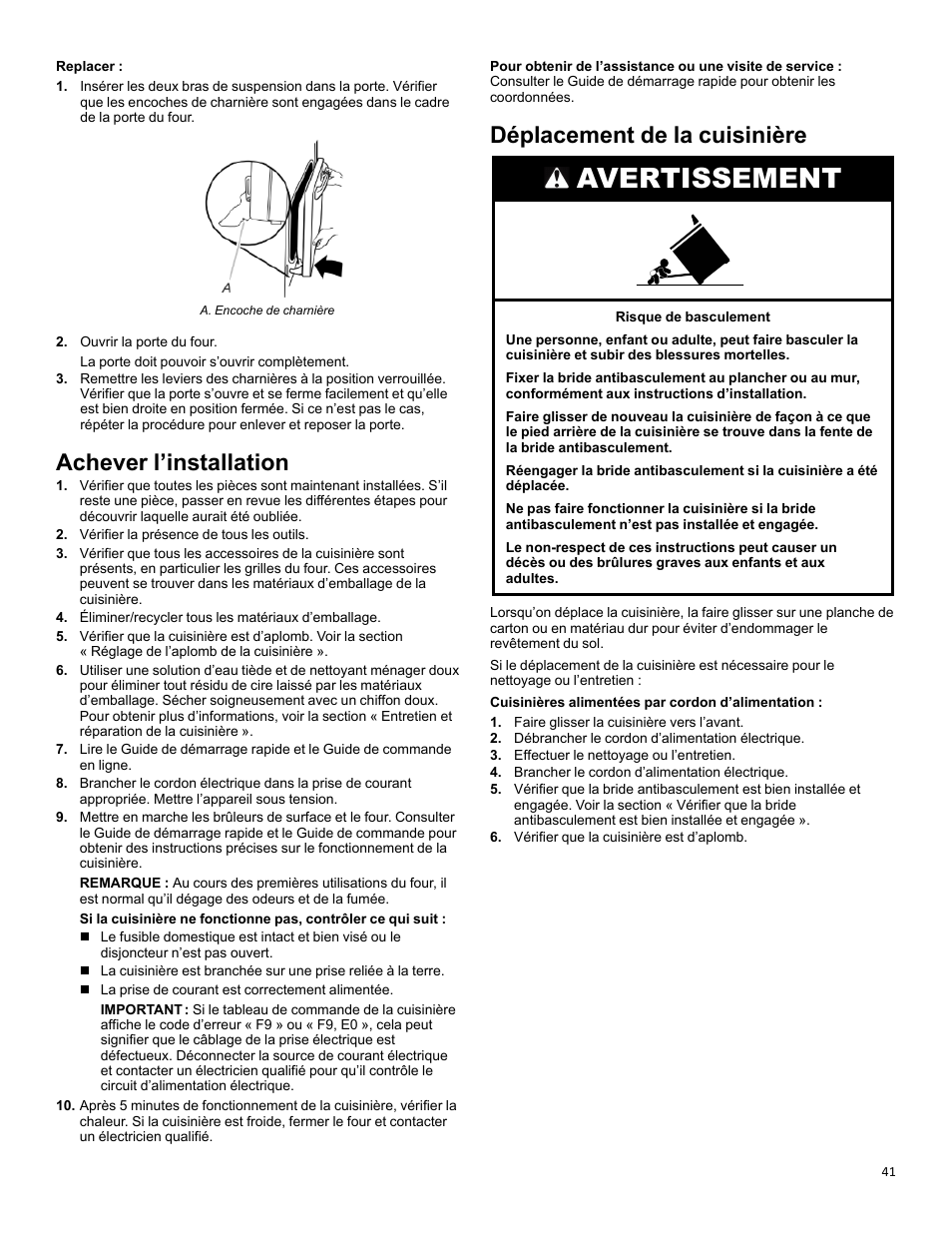 Achever l’installation, Déplacement de la cuisinière, Avertissement | KITCHENAID 30 Inch Slide-In Induction Range Owners Guide User Manual | Page 41 / 89