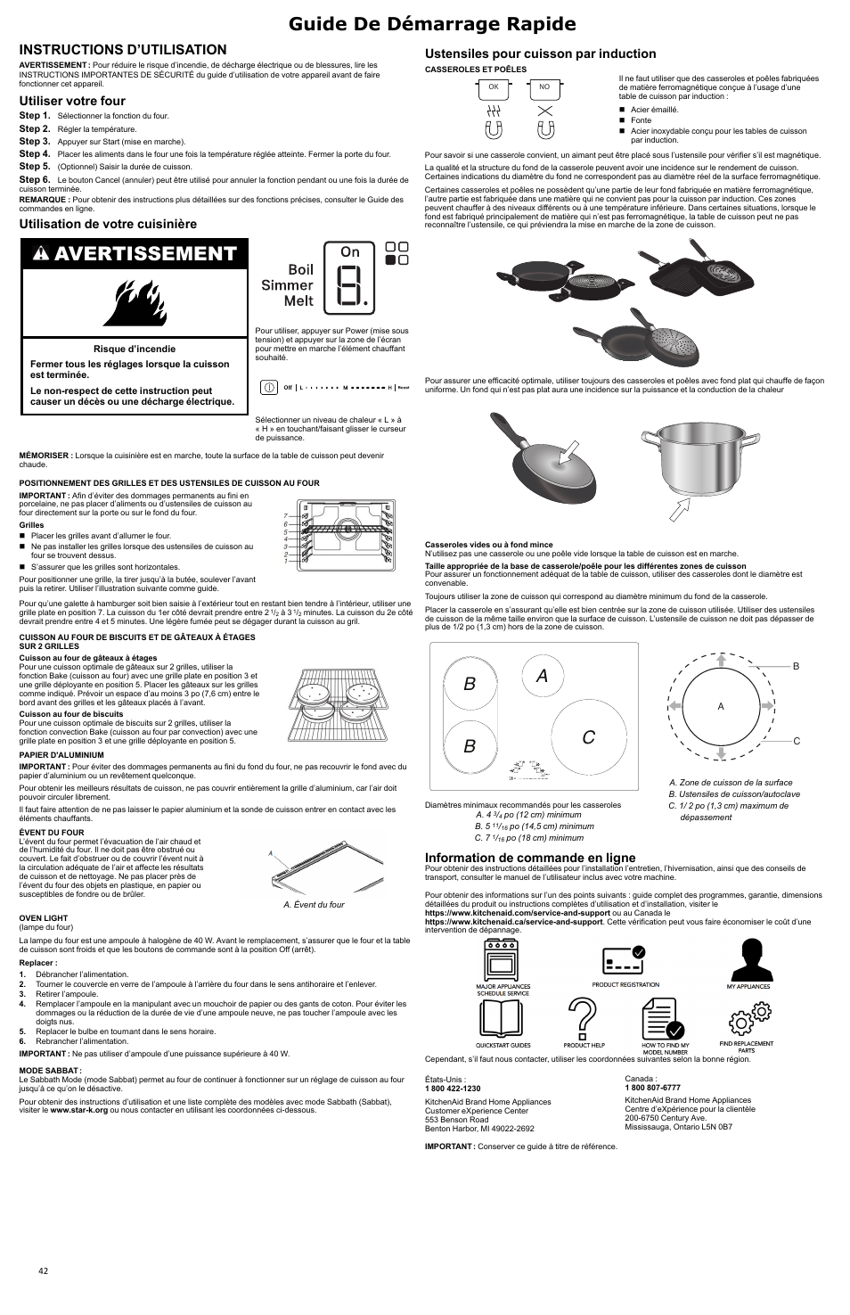 Avertissement, Guide de démarrage rapide, Cb b a | Instructions d’utilisation, Utiliser votre four, Utilisation de votre cuisinière, Ustensiles pour cuisson par induction, Information de commande en ligne | KITCHENAID 30 Inch Slide-In Induction Range Owners Guide User Manual | Page 42 / 89