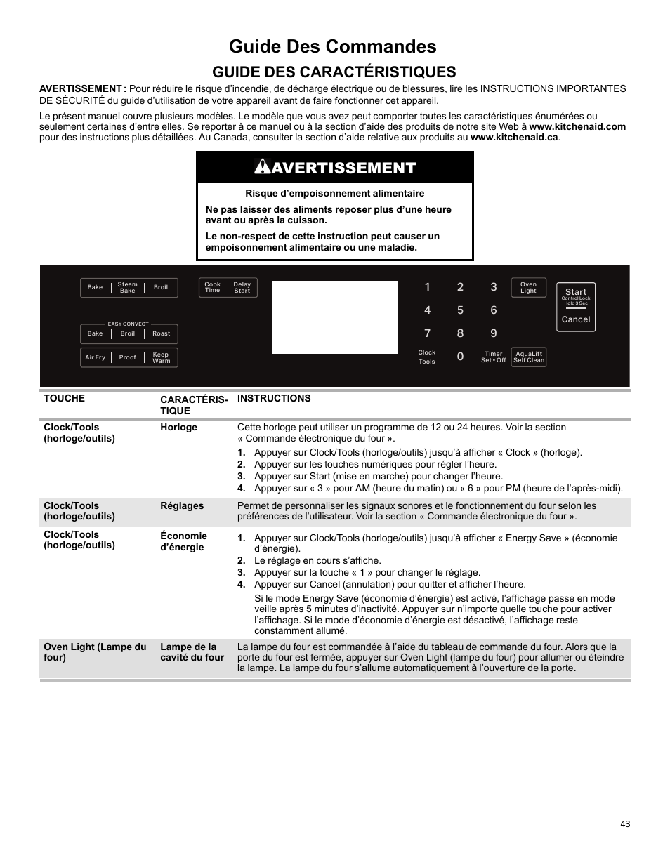Guide des commandes, Feature guide_w11637359a, Guide des caractéristiques | Avertissement | KITCHENAID 30 Inch Slide-In Induction Range Owners Guide User Manual | Page 43 / 89