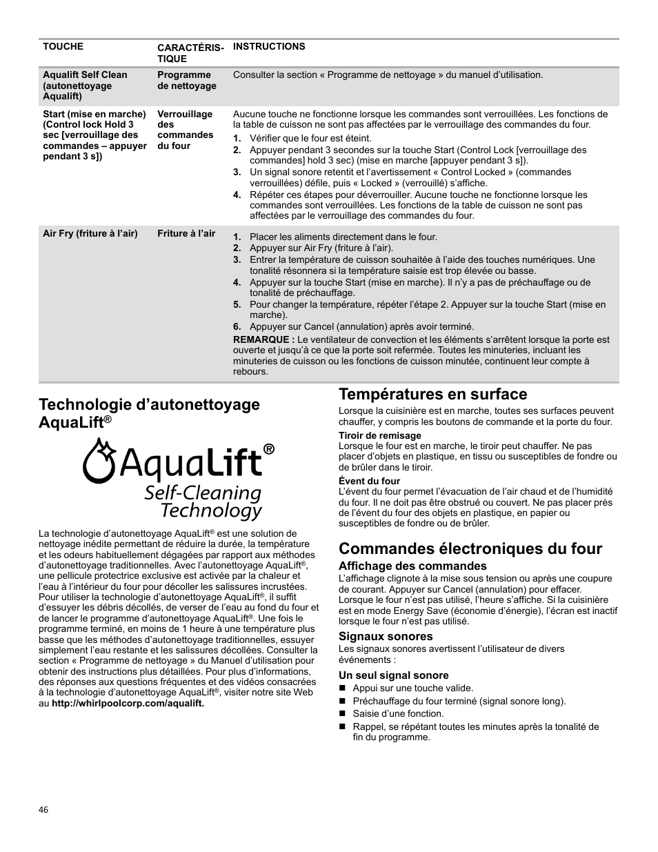Aqualift self-cleaning technology_efsr_cg, Surface temperature_efsr_cg_w11637359a, Electronic oven controls_w11637359a | Technologie d’autonettoyage aqualift, Températures en surface, Commandes électroniques du four, Affichage des commandes, Signaux sonores | KITCHENAID 30 Inch Slide-In Induction Range Owners Guide User Manual | Page 46 / 89