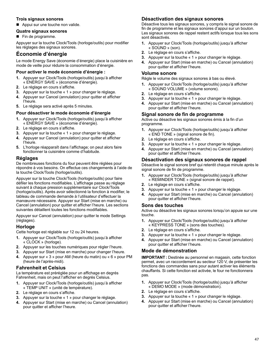 Économie d’énergie, Réglages, Horloge | Fahrenheit et celsius, Désactivation des signaux sonores, Volume sonore, Signal sonore de fin de programme, Désactivation des signaux sonores de rappel, Sons des touches, Mode de démonstration | KITCHENAID 30 Inch Slide-In Induction Range Owners Guide User Manual | Page 47 / 89
