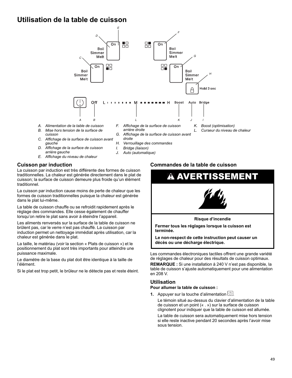 Cooktop use_w11637359a, Avertissement, Utilisation de la table de cuisson | Cuisson par induction, Commandes de la table de cuisson, Utilisation | KITCHENAID 30 Inch Slide-In Induction Range Owners Guide User Manual | Page 49 / 89