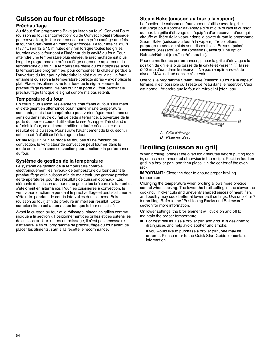 Baking and roasting_w11281994b, Broiling_w11281994, Cuisson au four et rôtissage | Broiling (cuisson au gril), Préchauffage, Température du four, Système de gestion de la température, Steam bake (cuisson au four à la vapeur) | KITCHENAID 30 Inch Slide-In Induction Range Owners Guide User Manual | Page 54 / 89