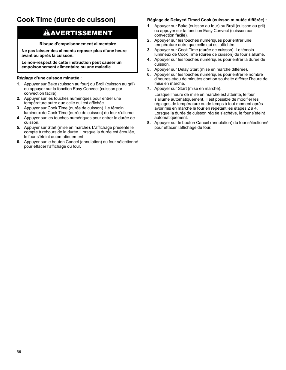 Cook time_w11637359a, Cook time (durée de cuisson), Avertissement | KITCHENAID 30 Inch Slide-In Induction Range Owners Guide User Manual | Page 56 / 89