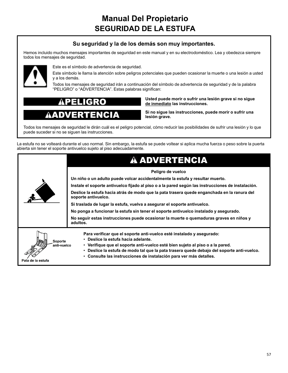 Manual del propietario, Seguridad de la estufa, Peligro | Advertencia | KITCHENAID 30 Inch Slide-In Induction Range Owners Guide User Manual | Page 57 / 89
