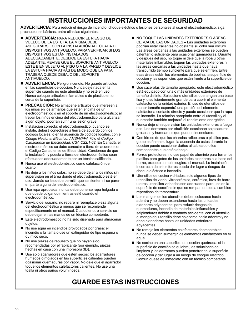Instrucciones importantes de seguridad, Guarde estas instrucciones | KITCHENAID 30 Inch Slide-In Induction Range Owners Guide User Manual | Page 58 / 89
