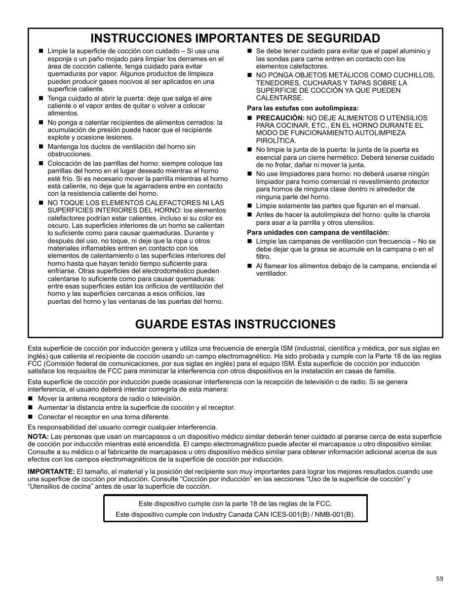 Instrucciones importantes de seguridad, Guarde estas instrucciones | KITCHENAID 30 Inch Slide-In Induction Range Owners Guide User Manual | Page 59 / 89