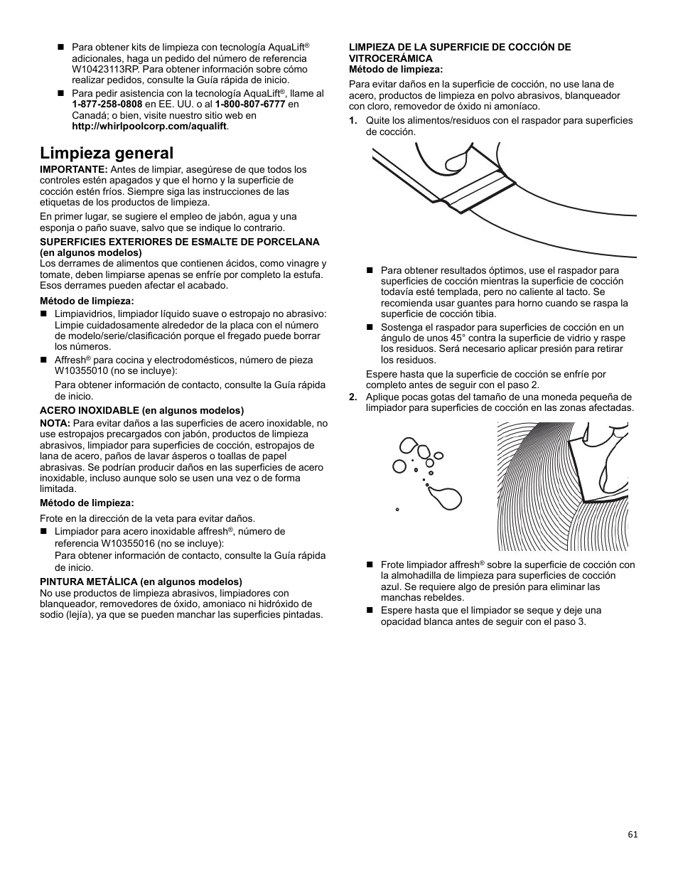 General cleaning_om_w11637359a, Limpieza general | KITCHENAID 30 Inch Slide-In Induction Range Owners Guide User Manual | Page 61 / 89