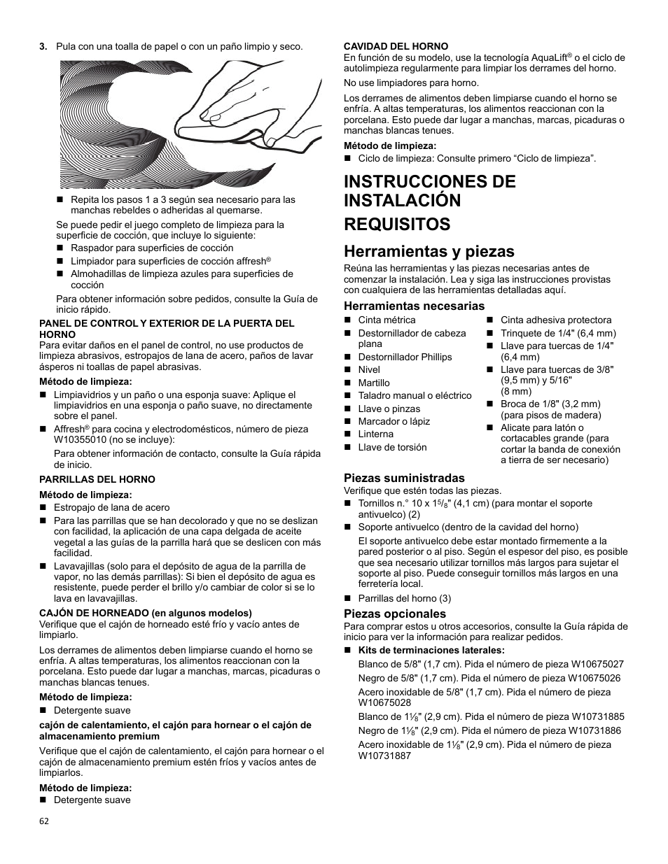 Instrucciones de instalación, Requisitos, Herramientas y piezas | Instrucciones de instalación requisitos, Herramientas necesarias, Piezas suministradas, Piezas opcionales | KITCHENAID 30 Inch Slide-In Induction Range Owners Guide User Manual | Page 62 / 89