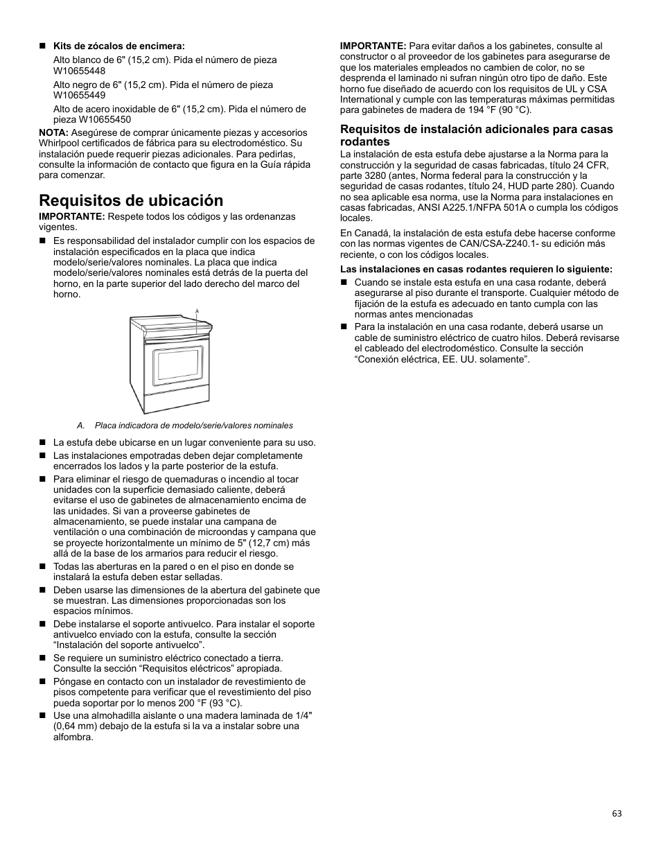 Requisitos de ubicación | KITCHENAID 30 Inch Slide-In Induction Range Owners Guide User Manual | Page 63 / 89